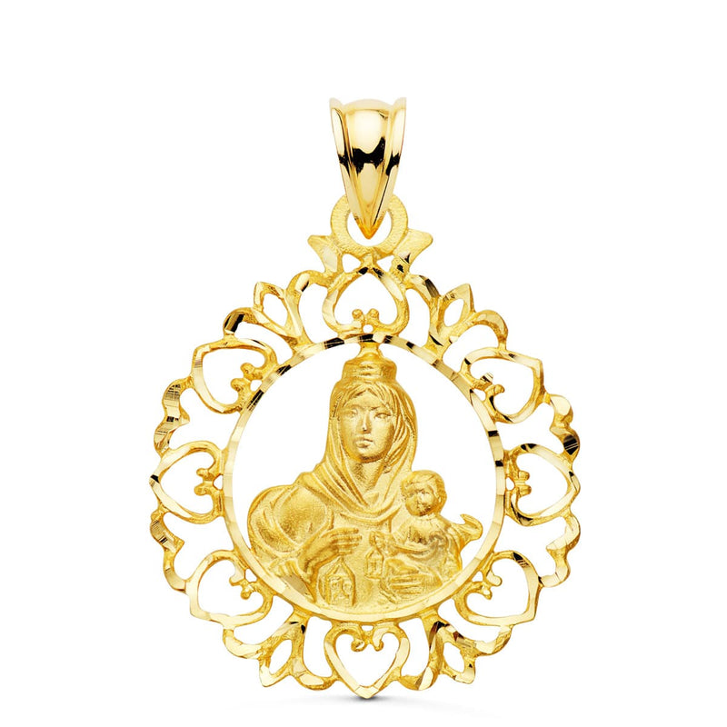 18K Virgen Del Carmen Medal Surround Border With Hearts 30x25 mm