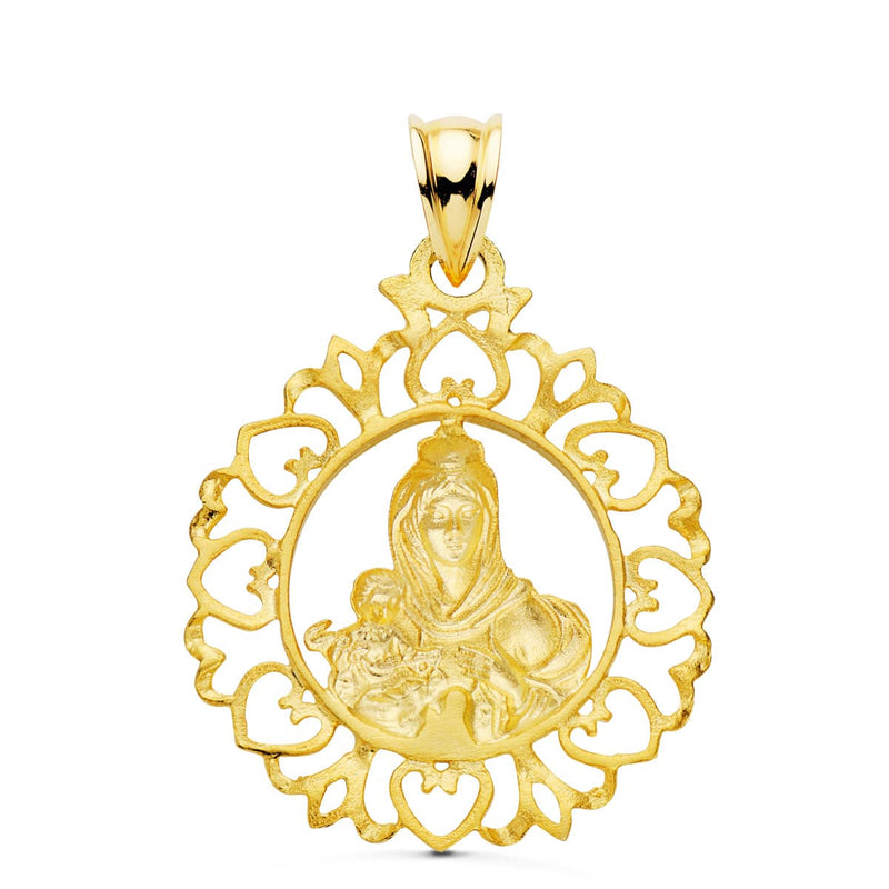 18K Virgen Del Carmen Medal Surround Border With Hearts 30x25 mm