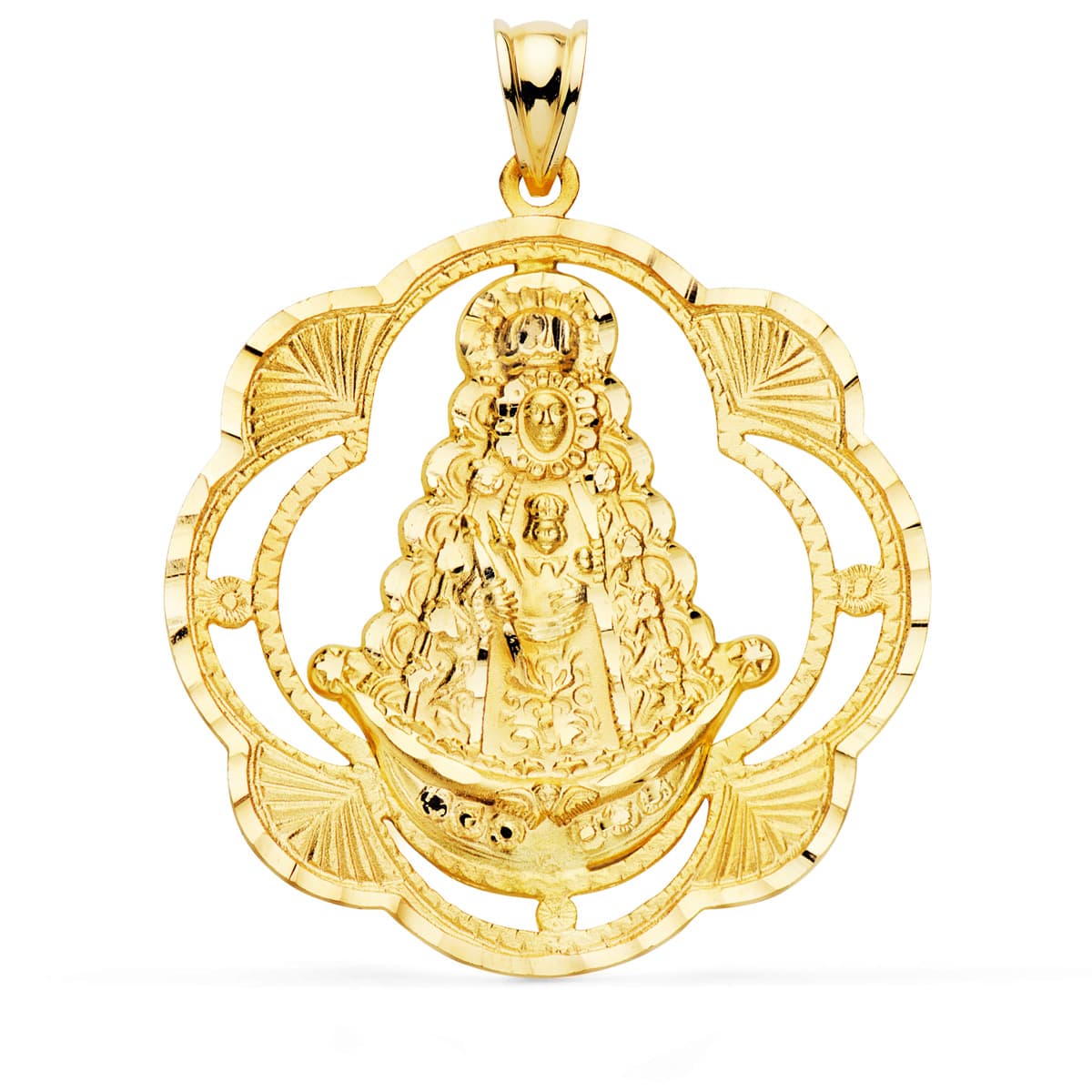 18K Medalla Virgen Del Rocio Pandereta 38x34 mm