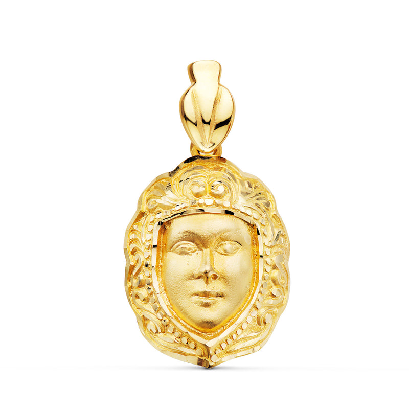 18K Yellow Gold Virgen Del Rocio Face Pendant 26 x 18 mm