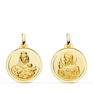18K Escapulario Bisel Virgen Del Carmen Corazon De Jesus 18 mm