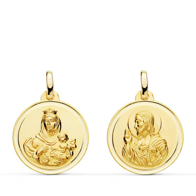 18K Escapulario Bisel Virgen Del Carmen Corazon De Jesus 18 mm