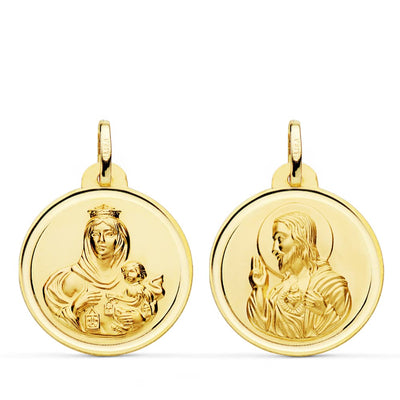 18K Escapulario Bisel Virgen Del Carmen Corazon De Jesus 22 mm
