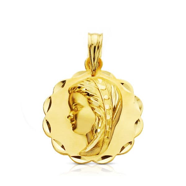 Médaille Vierge Enfant sculptée or jaune 18K 16 mm