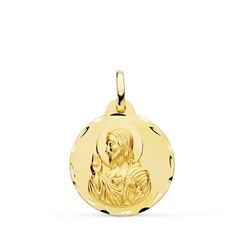 18K Medal Christ Sacred Heart of Jesus Carved 20 mm