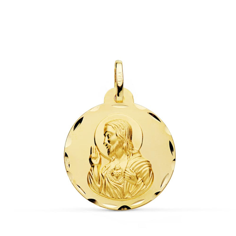 18K Medalla Cristo Sagrado Corazon De Jesus Tallada 22 mm