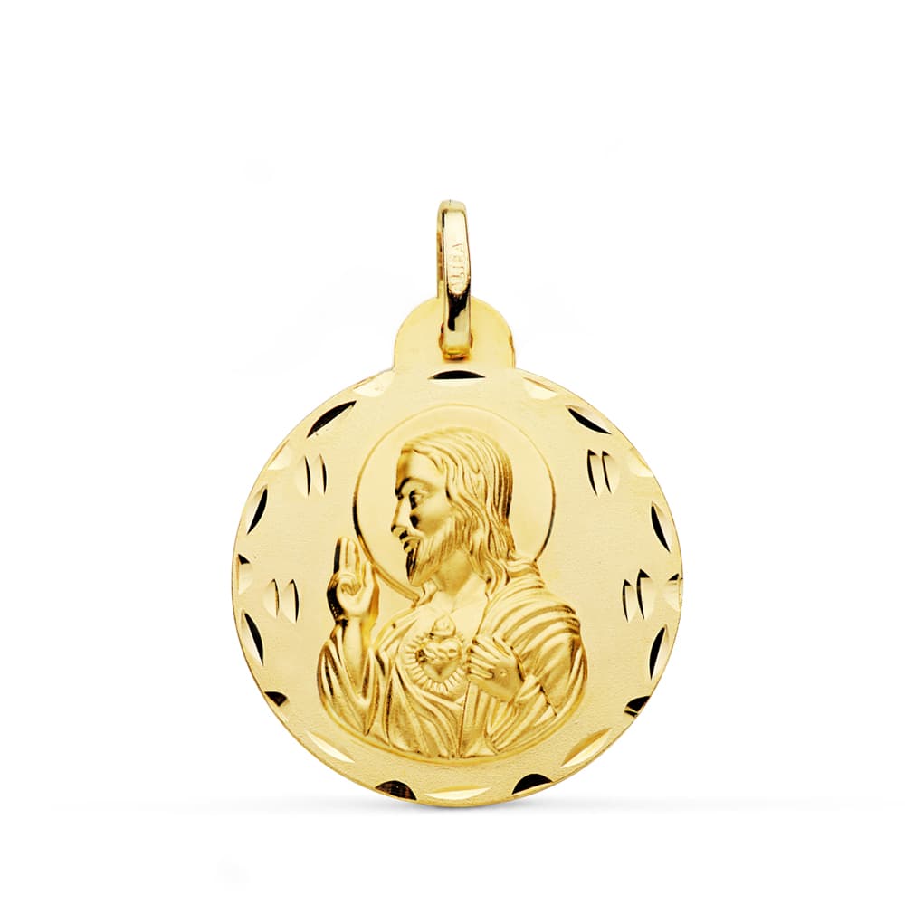 18K Medal Sacred Heart of Jesus Christ Carved 24 mm