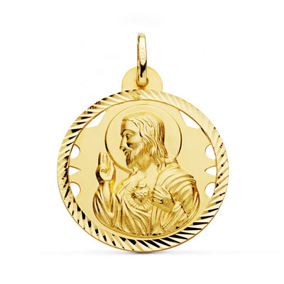 18K Medal Christ Sacred Heart of Jesus Openwork Helix Carved 28 mm