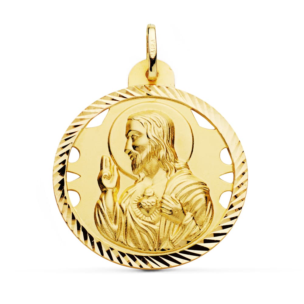 18K Medal Sacred Heart of Jesus Christ Hollow Helix Carved 30 mm