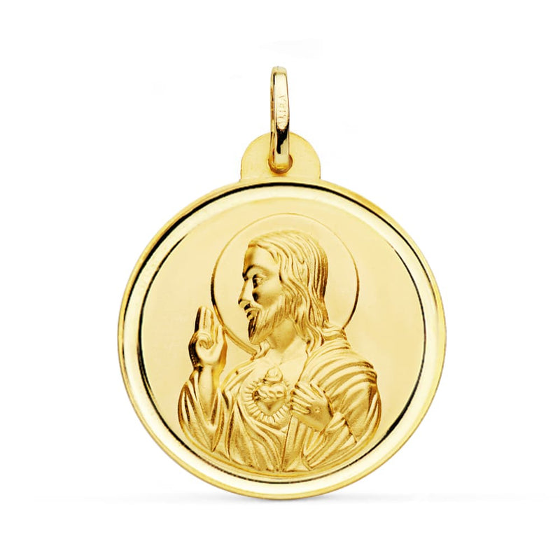 18K Medalla Cristo Sagrado Corazon De Jesus Bisel 28 mm