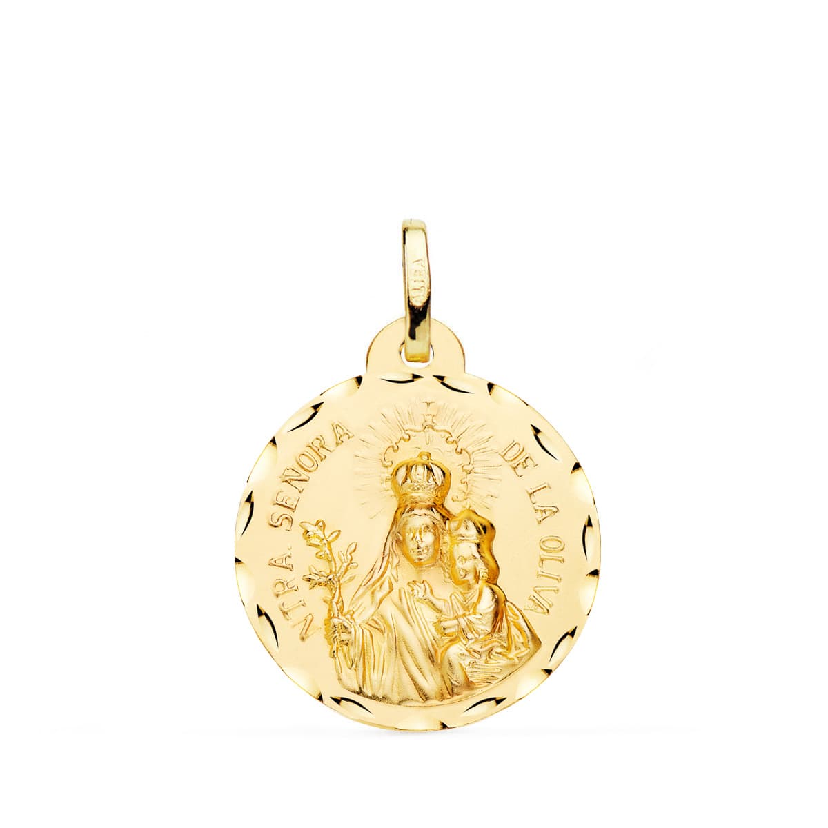 18K Yellow Gold Medal Virgin of the Olive Carved 20 mm
