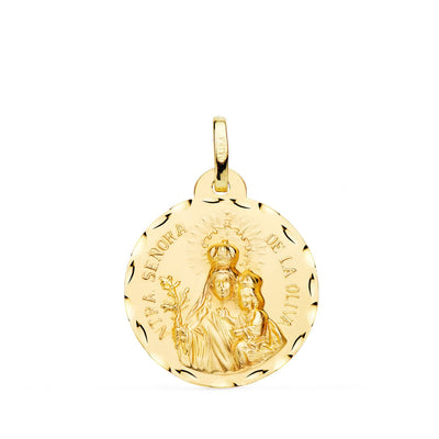 18K Yellow Gold Medal Virgin of the Olive Carved 20 mm