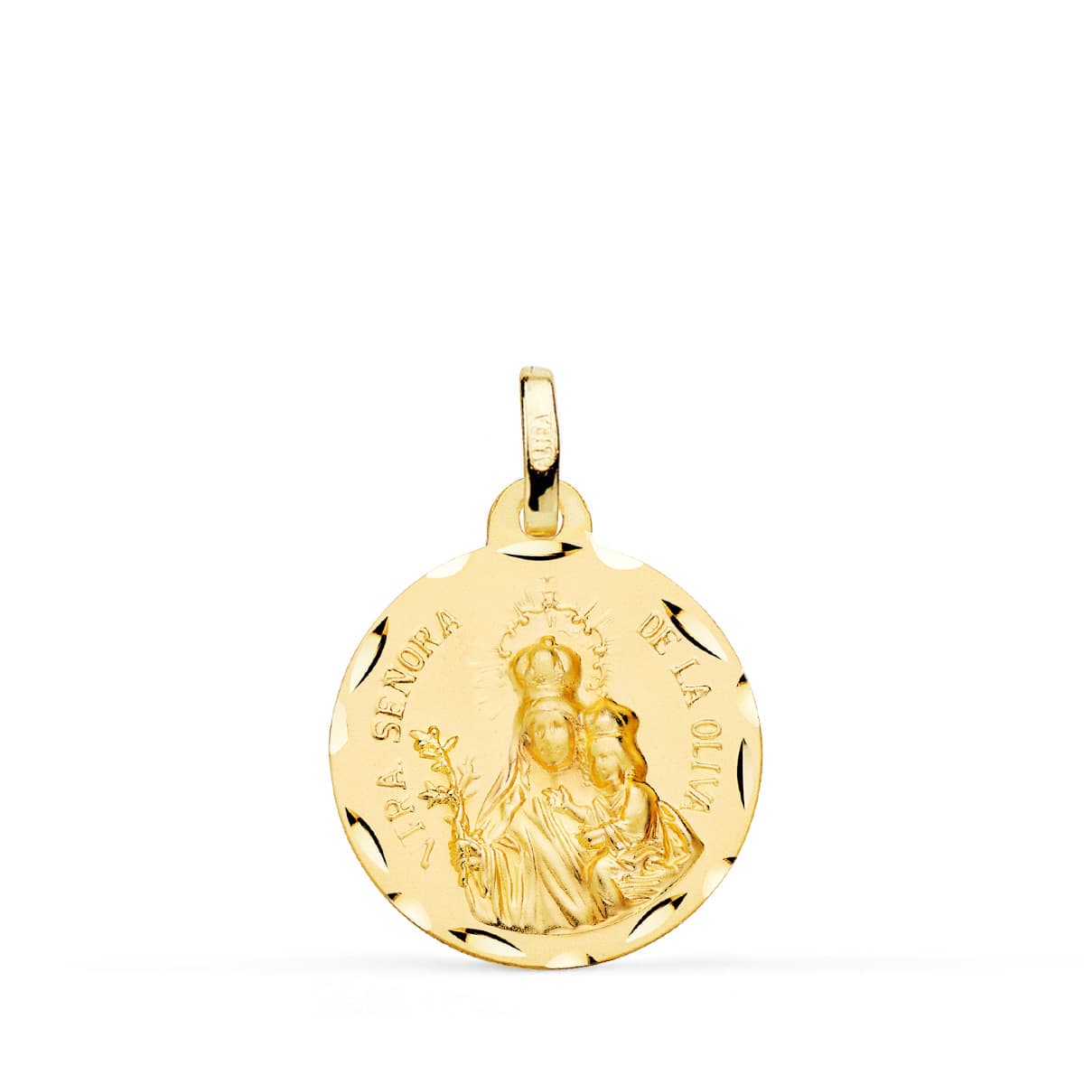 18K Yellow Gold Medal Virgin of the Olive Carved 18 mm