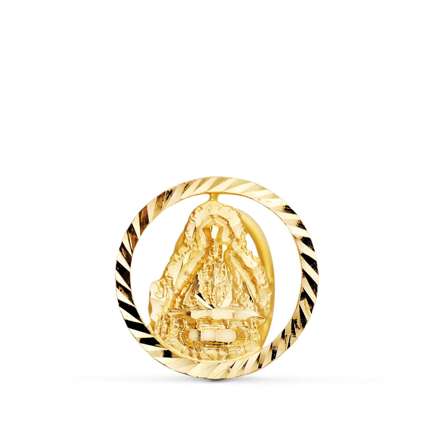 18K Medalla Oro Amarillo Virgen De La Cabeza Solapa Borde Tallado 20 mm