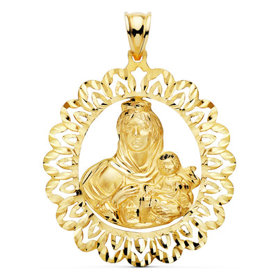 18K Yellow Gold Medal Virgin of Carmen Carved Frame 41x35 mm