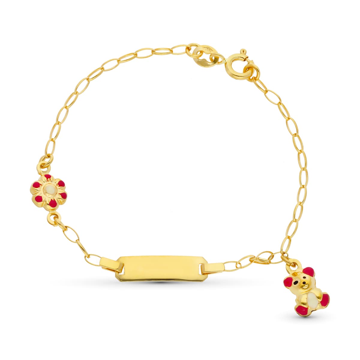 18K Yellow Gold Slave Bracelet Bear and Flower Enamel 13 cm