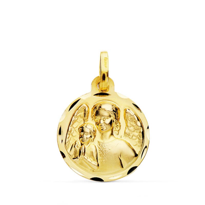 18K Guardian Angel Medal with Carved Child 16 mm