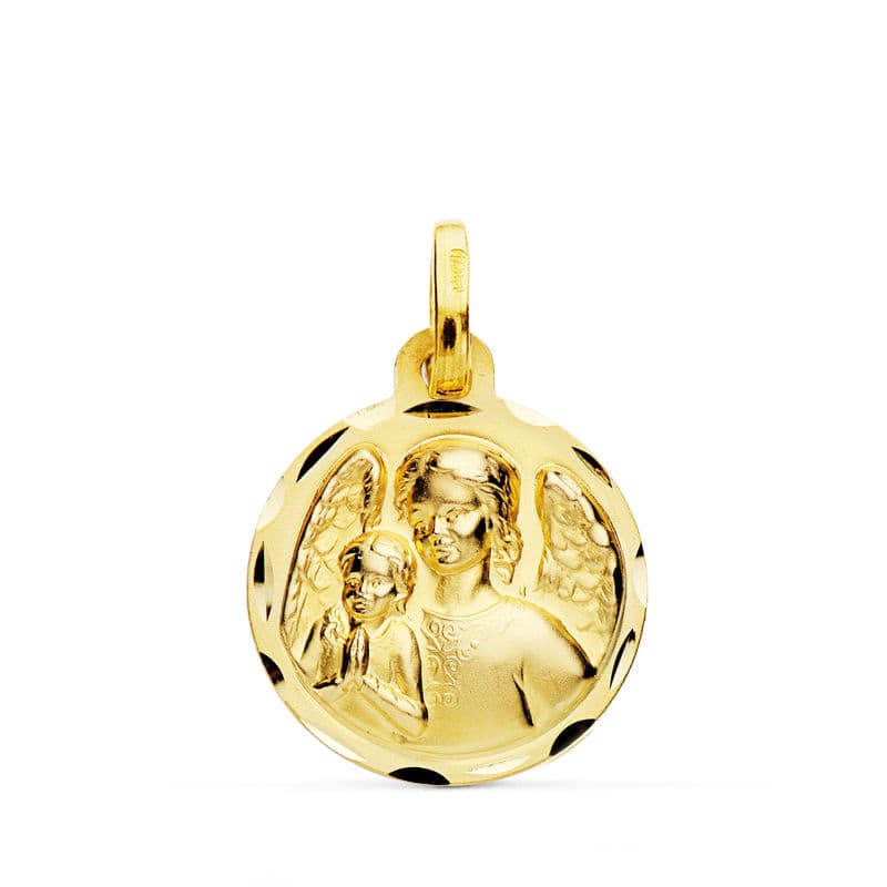 18K Guardian Angel Medal with Child Carved 16 mm
