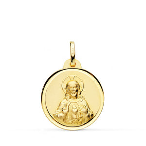 18K Medalla Oro Amarillo Cristo Sagrado Corazon De Jesus Bisel 14 mm