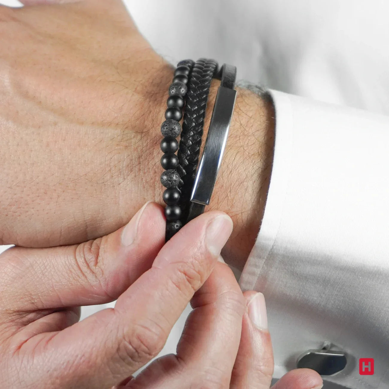 Men's Triple Steel Bracelet, Black Leather and Natural Stones