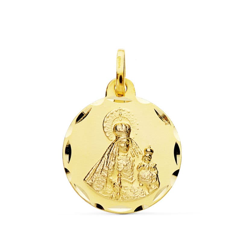 18K Yellow Gold Medal Virgin of the Rosary Carved 18 mm
