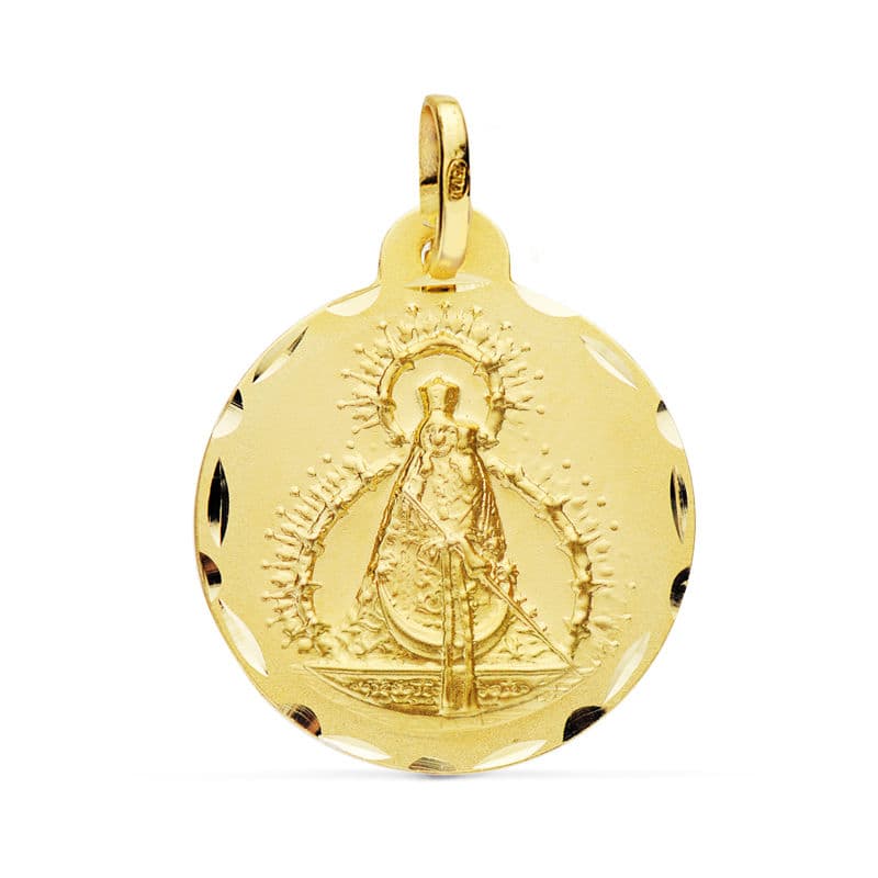 18K Medalla Oro Amarillo Virgen De La Cabeza Tallada 22 mm