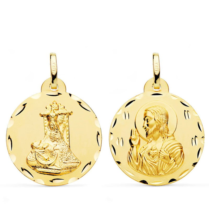 18K Medalla Escapulario Virgen De Las Angustias Y Corazon De Jesus Tallada 24 mm