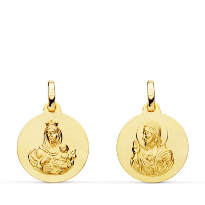 18K Smooth Scapular Virgin of Carmen Heart of Jesus 14 mm