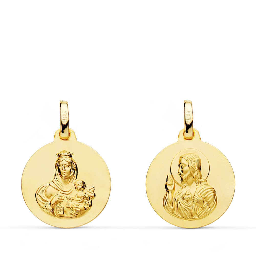 18K Smooth Scapular Virgin of Carmen Heart of Jesus 16 mm