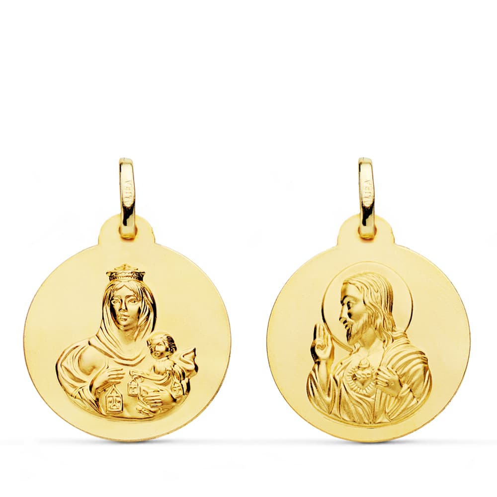 18K Smooth Scapular Virgin of Carmen Heart of Jesus 20 mm