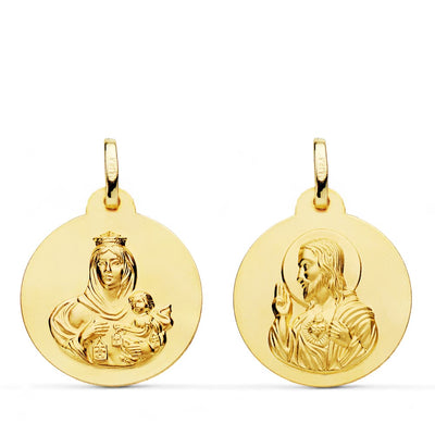 18K Smooth Scapular Virgin of Carmen Heart of Jesus 20 mm