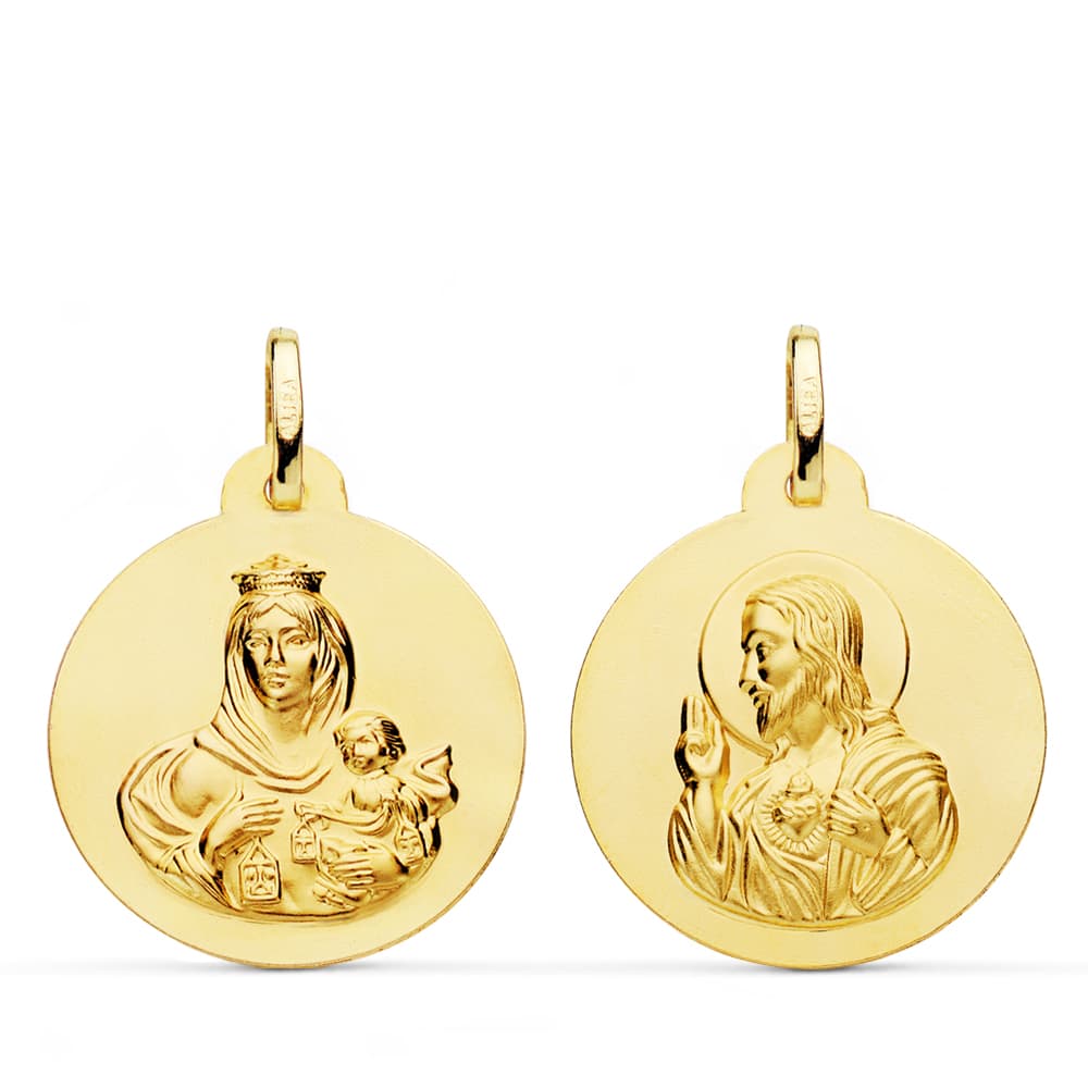18K Smooth Scapular Virgin of Carmen Sacred Heart Jesus 22 mm
