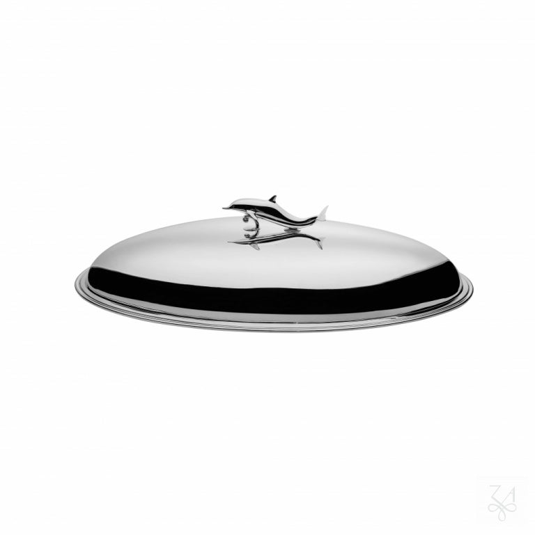 Fuente de pescado ovalada con tapa y figura de delfín de plata de ley 925