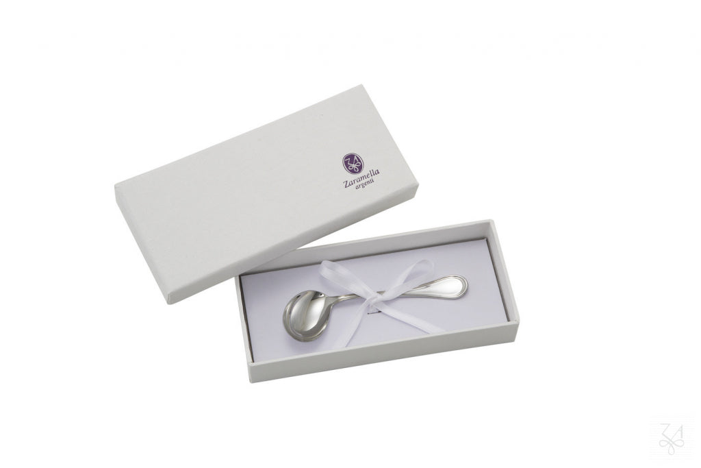 Cuchara de bebé de mango curvo con baño de plata modelo Inglese en estuche