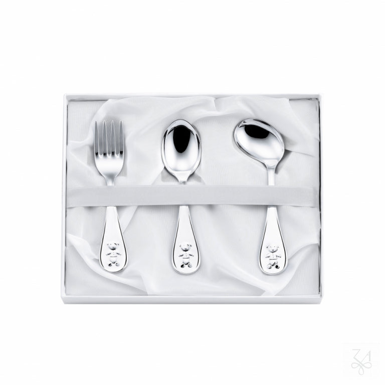 Kit de regalo de bebé Classic Kikko de 3 cubiertos en plata de ley en estuche