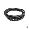 Bracelet Triple Homme Acier Rhodié Noir, Cuir Noir et Pierres Naturelles