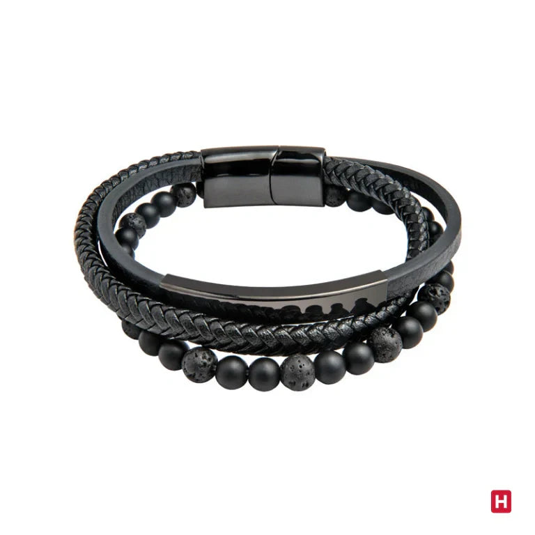 Bracelet Triple Homme Acier Rhodié Noir, Cuir Noir et Pierres Naturelles