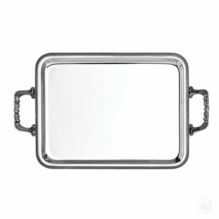 Bandeja rectangular modelo Imperio de plata de ley 925 con borde perlado y asas