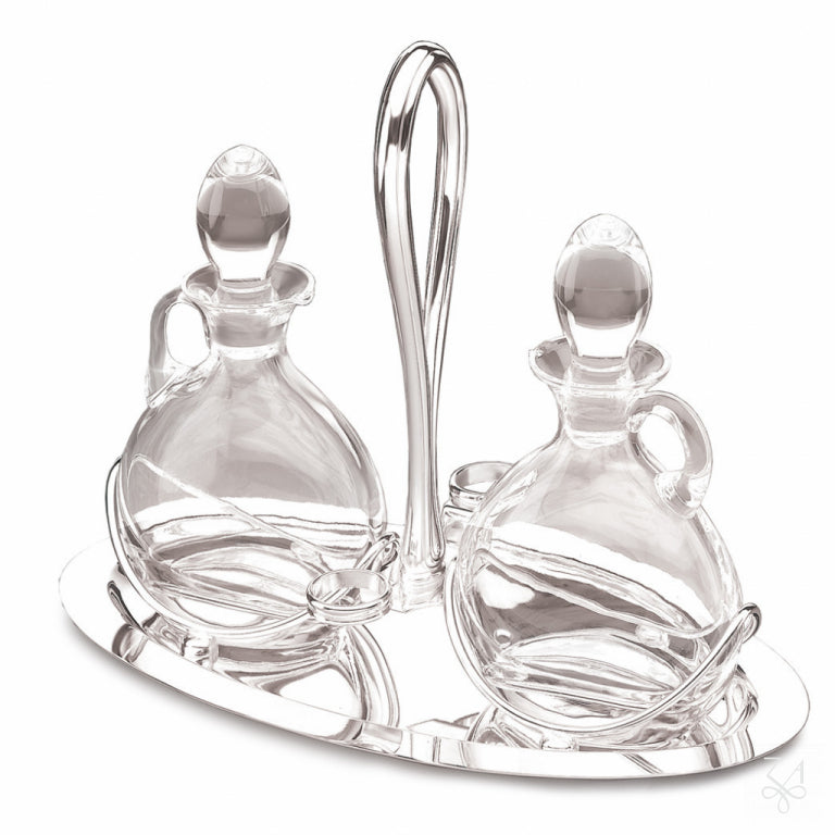 Aceitera y vinagrera modelo Inglés oval de plata con botellas de cristal