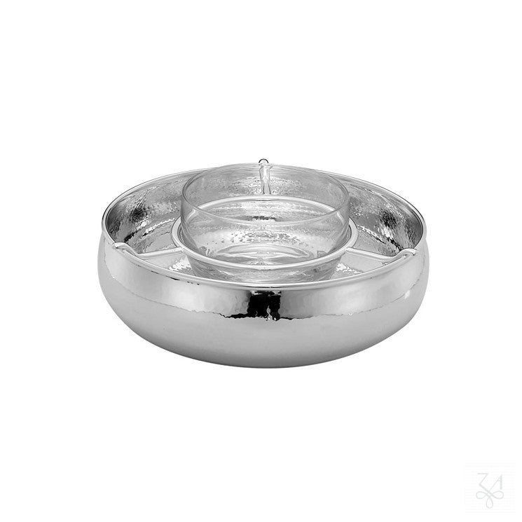 Caviarera redonda martelé de plata con cuenco de cristal y canal para hielo