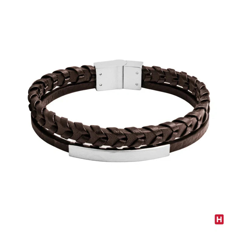 Men's Bracelet Steel and Double Brown Leather with New Way Plate