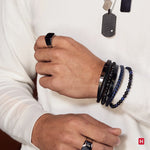 Bracelet Triple Homme Acier Rhodié Noir, Cuir Noir et Pierres Naturelles