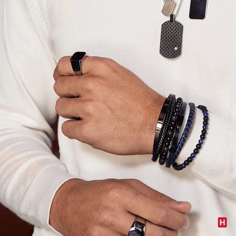 Bracelet Triple Homme Acier Rhodié Noir, Cuir Noir et Pierres Naturelles