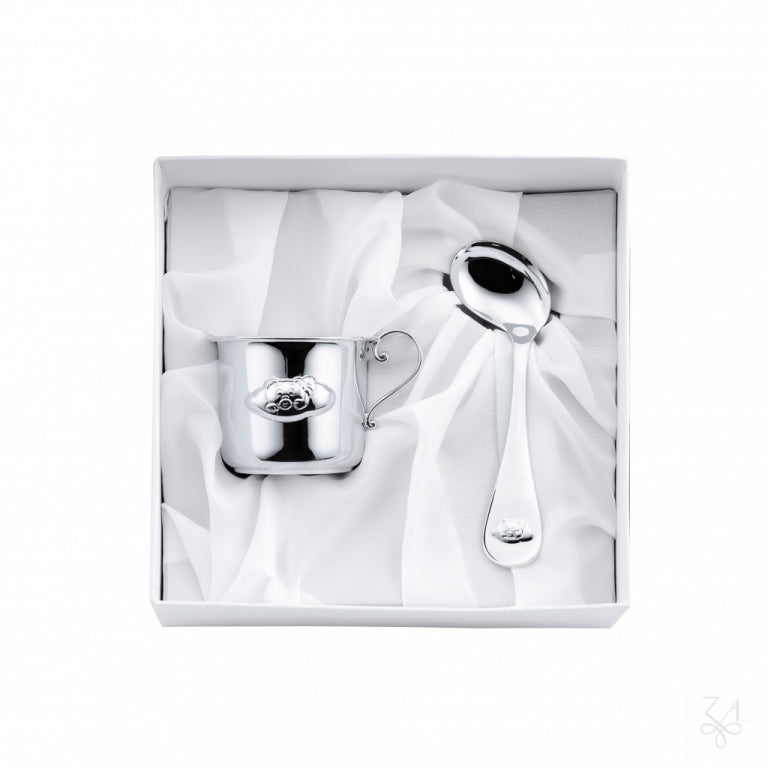 Kit de regalo de bebé modelo Oso con taza y cuchara de plata de ley en estuche
