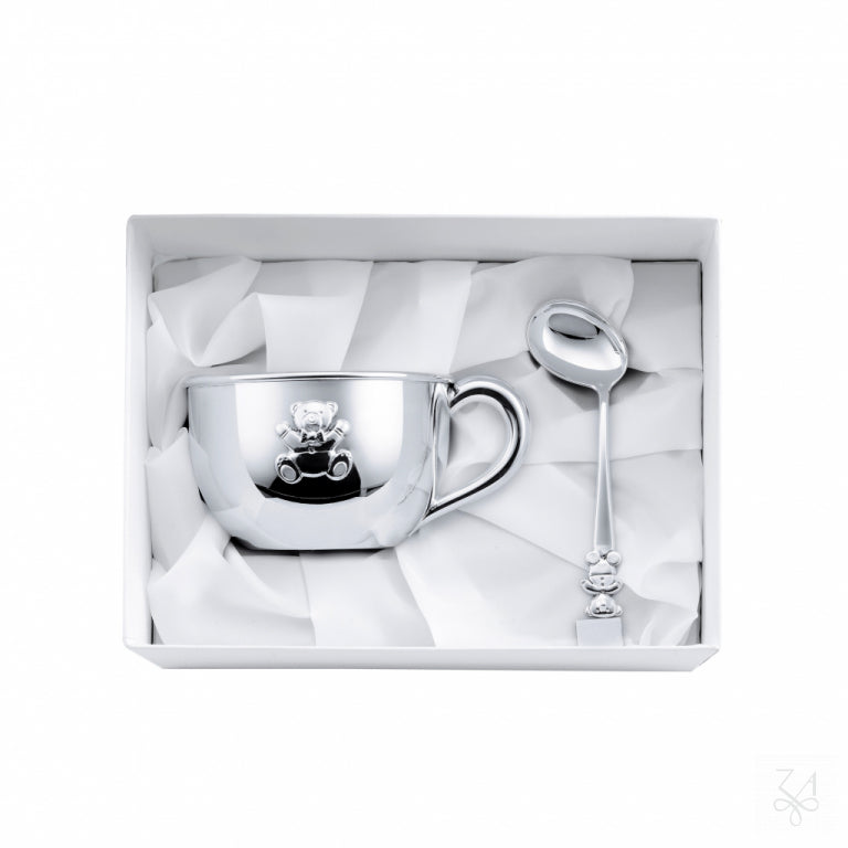 Kit de regalo de bebé de plata modelo Pappa con taza y cuchara en estuche