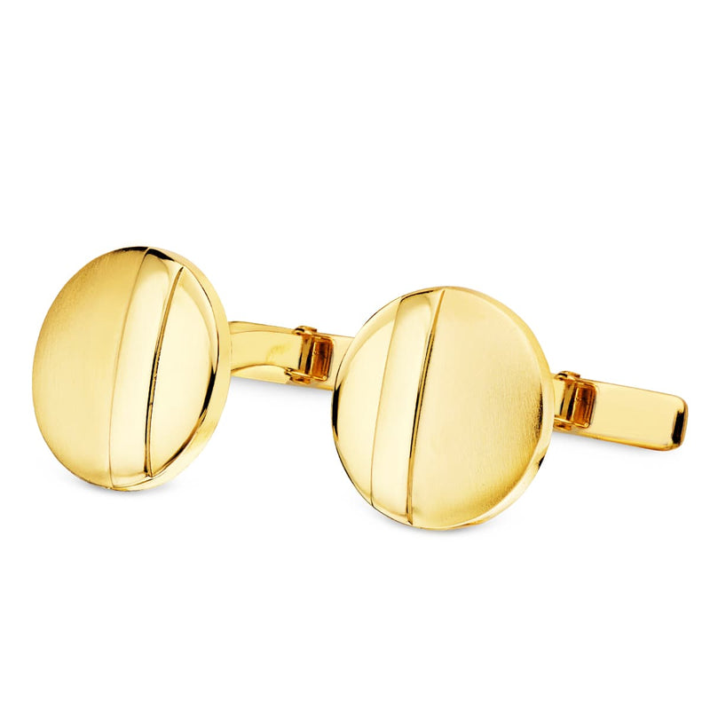 18K Yellow Gold Cufflinks Round Matte and Shiny 15 mm Rigid Oscillating Clasp