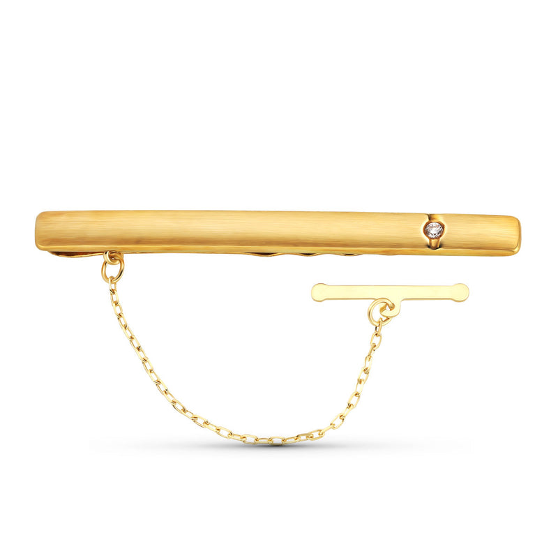 18K Yellow Gold Tie Clip Needle Cubic Zirconia 56x5mm