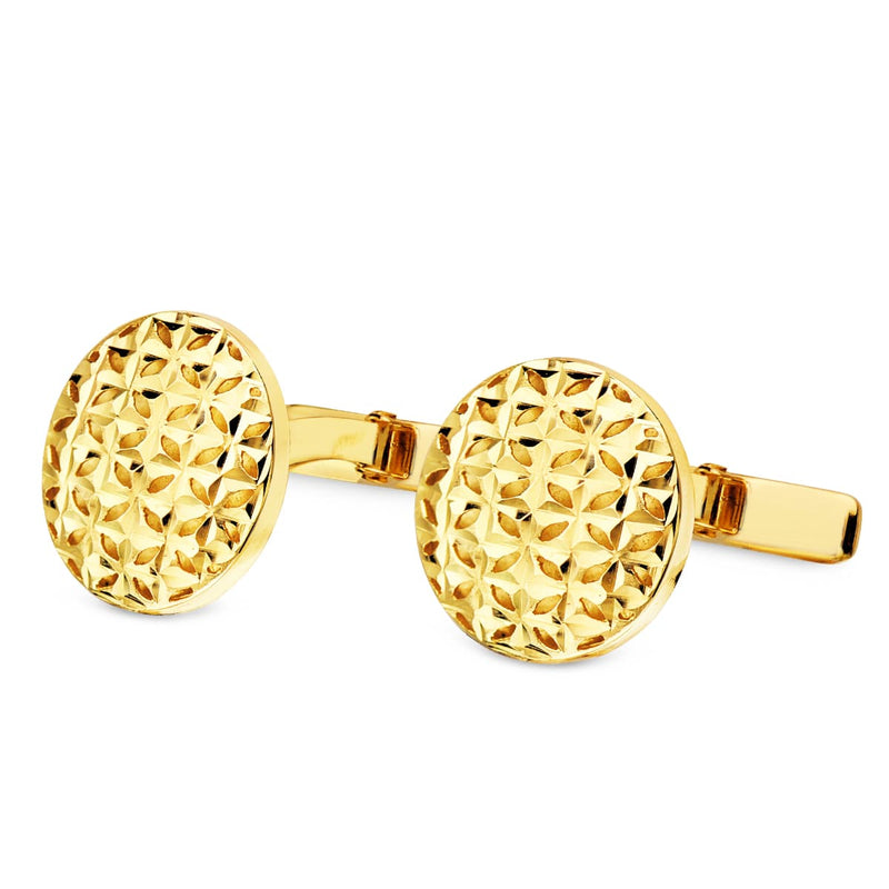 Boutons de manchette ronds sculptés et ajourés en or jaune, fermoir pivotant rigide de 15 mm
