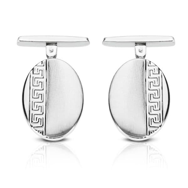 18K White Gold Oval Greca Cufflinks 18x13 mm Rigid Oscillating Clasp