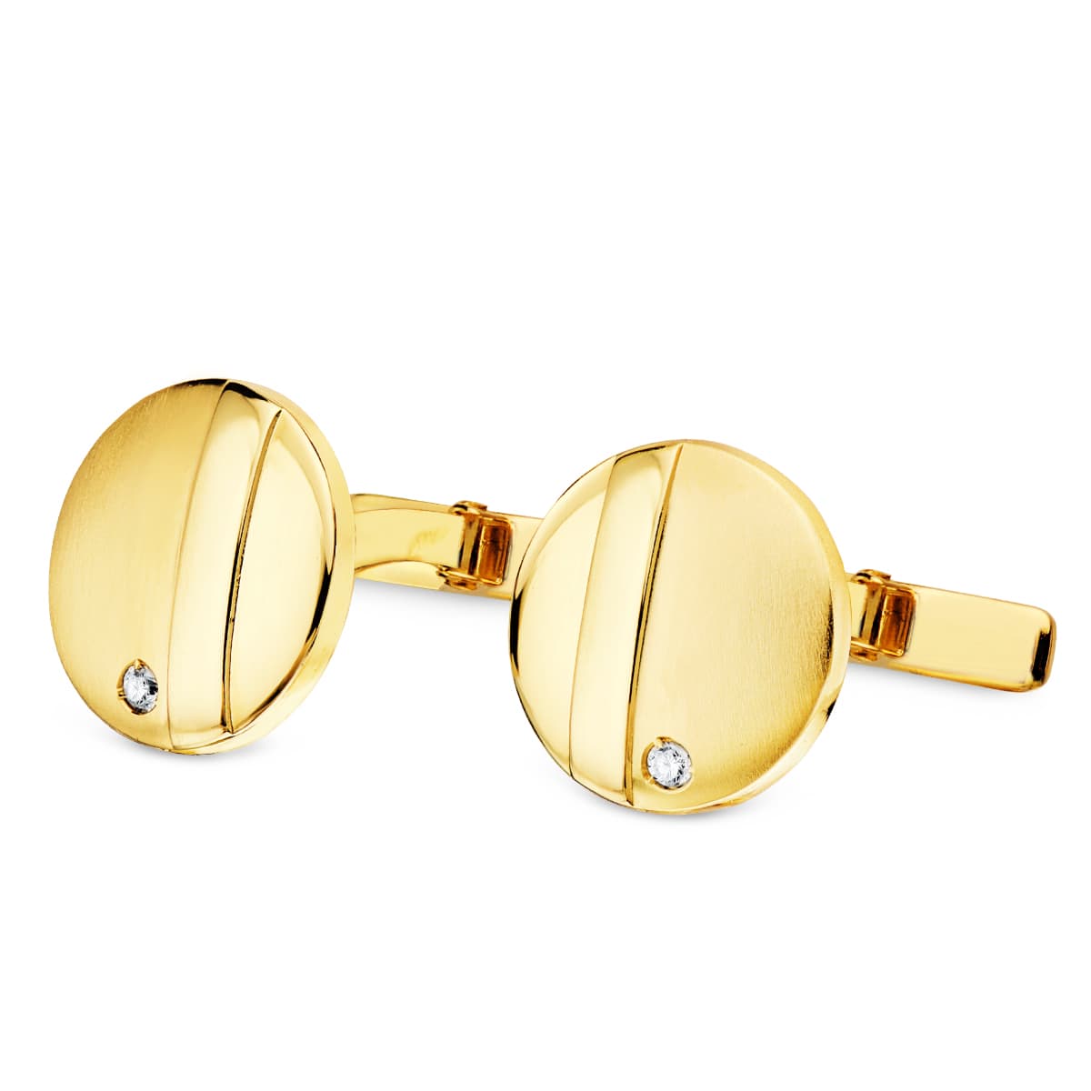 Yellow Gold Round Matte and Shiny Cufflinks 15mm Cubic Zirconia Rigid Swing Closure